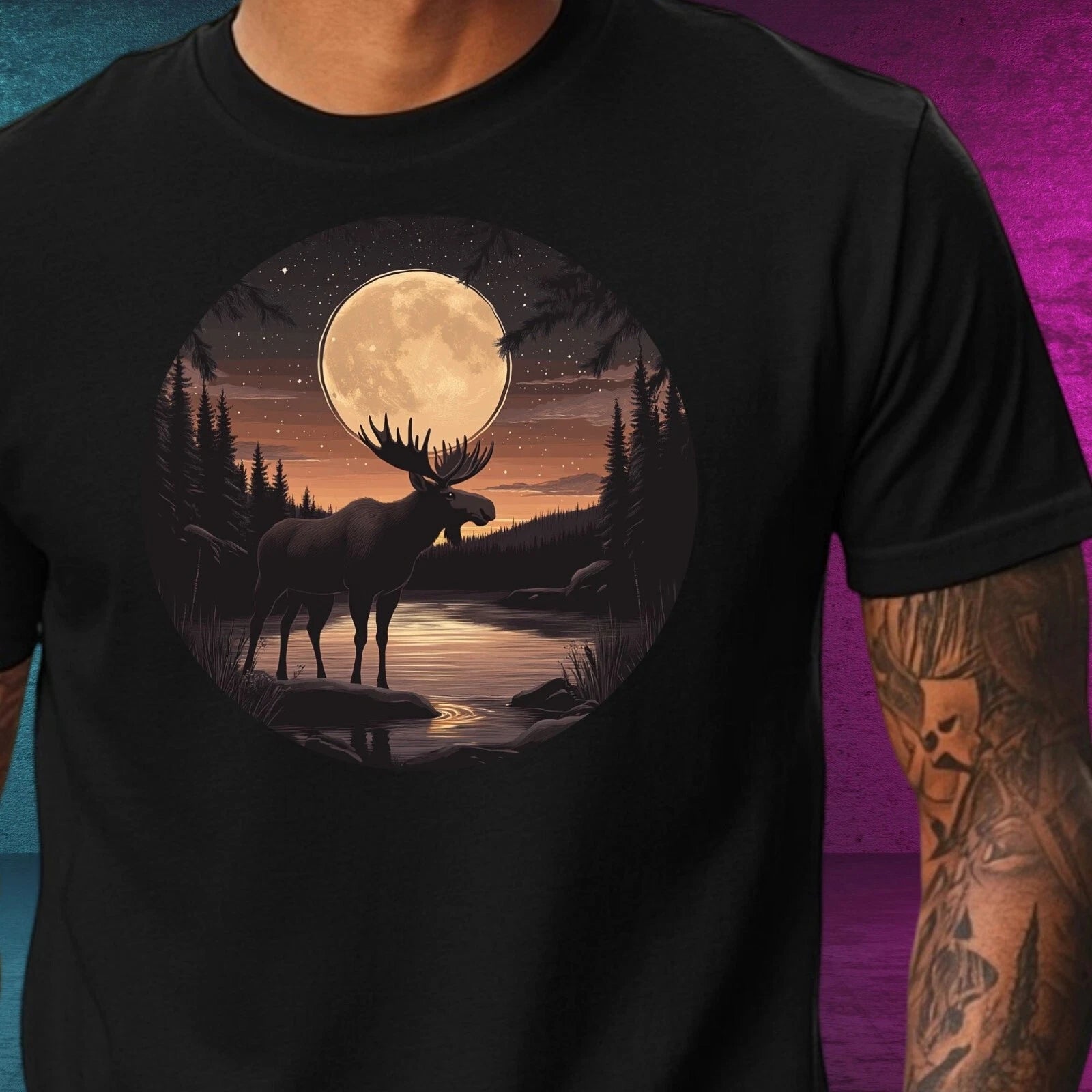 Mens Moose at Full Moon Motif Cotton T-Shirt Size XS to 5XL
