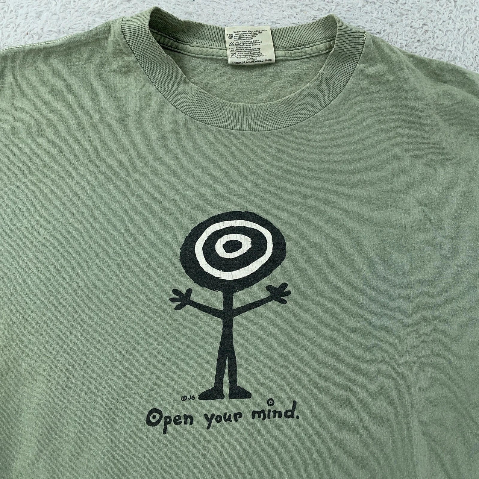 Vintage Open Your Mind T-Shirt Mens XL Stick Figure Art Hippy Sage Green 90s