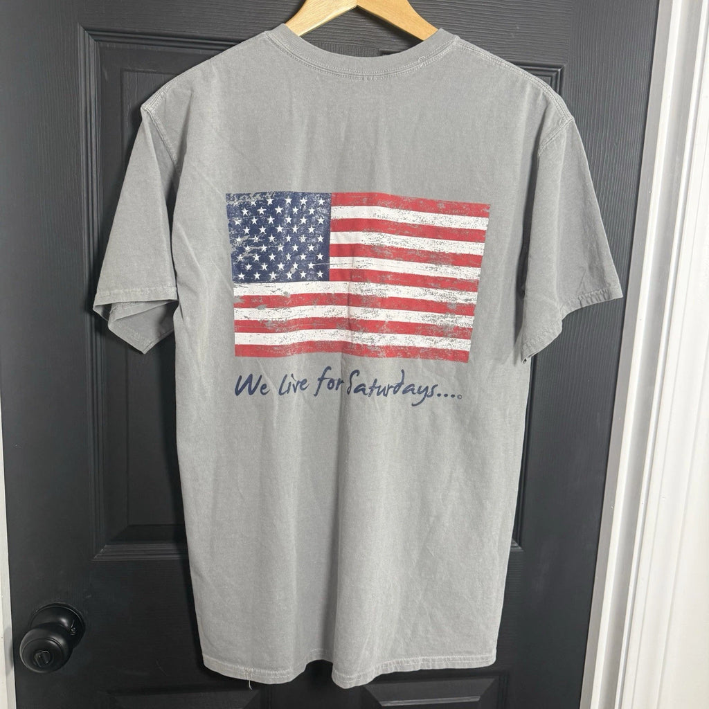 We Live For Saturdays Pocket T-Shirt M American Flag Graphic Comfort Colors Gray