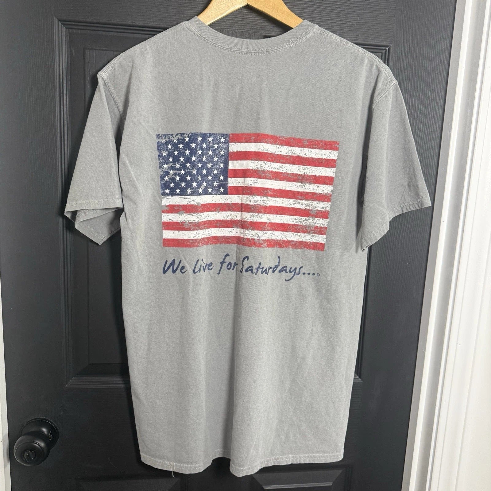 We Live For Saturdays Pocket T-Shirt M American Flag Graphic Comfort Colors Gray
