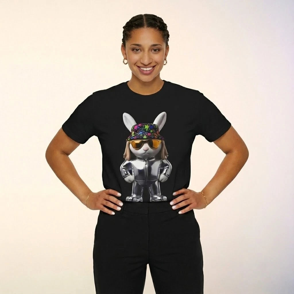 Cool Rabbit Graphic Black T-Shirt Streetwear Bunny Character Animal Art Tee