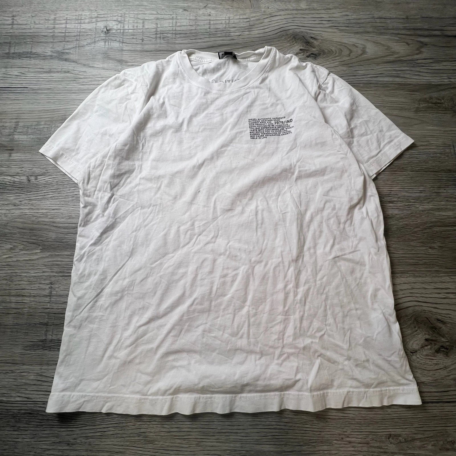 Diesel Graphic T-Shirt Mens Medium White Text Print Industrial Streetwear Tee