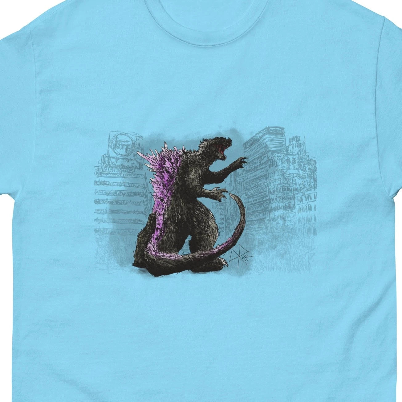 Godzilla Stalks Tokyo - Classic T-shirt Graphic Tee Funny Cool Sketch Art