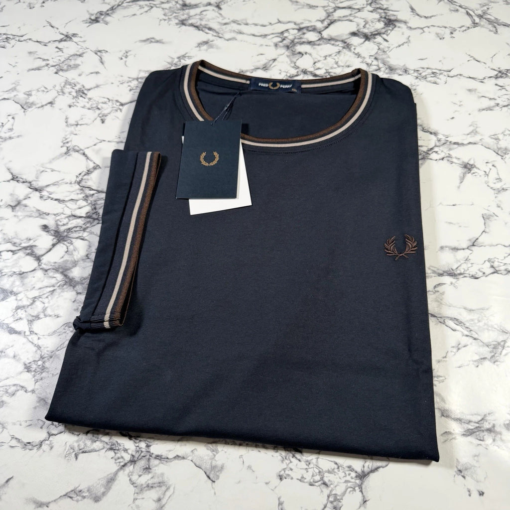 FRED PERRY Mens Navy Blue Twin Tipped T Shirt SIZE 2XL XXL M1588V 52A BNWT