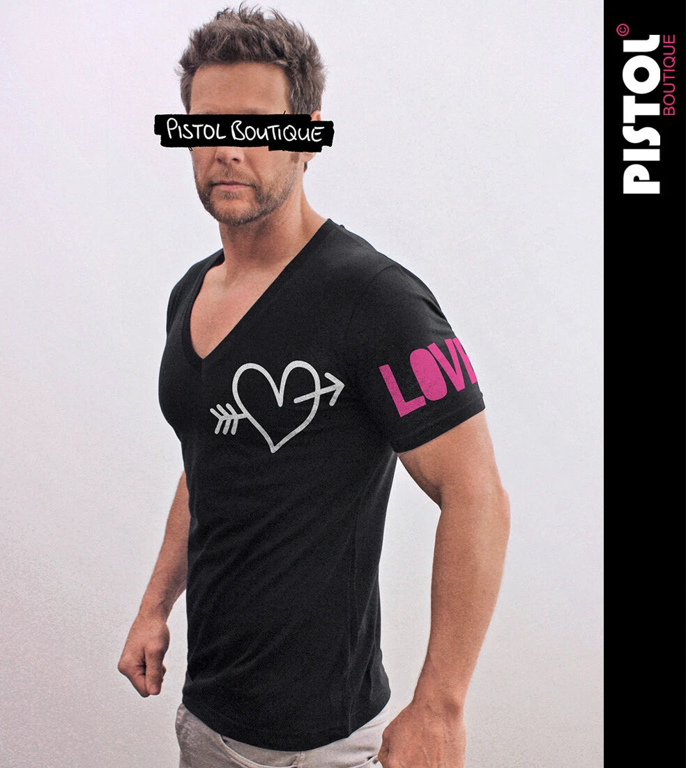 Pistol Boutique Black Deep V Neck Heart Arrow Love Slim T-Shirt