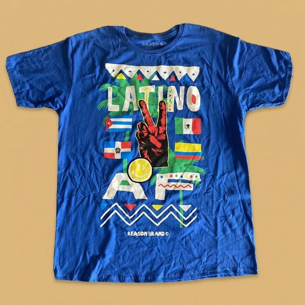 Reason Brand Latino AF T-Shirt Mens XL Blue Graphic Peace Sign Flags Streetwear