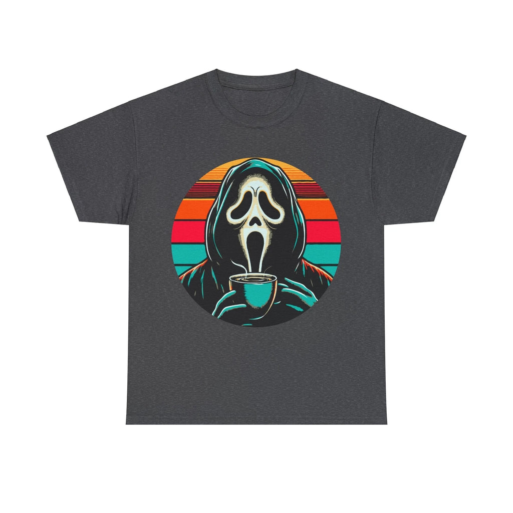 Unisex heavy cotton t-shirt, with funny horror character drinking coffee design.