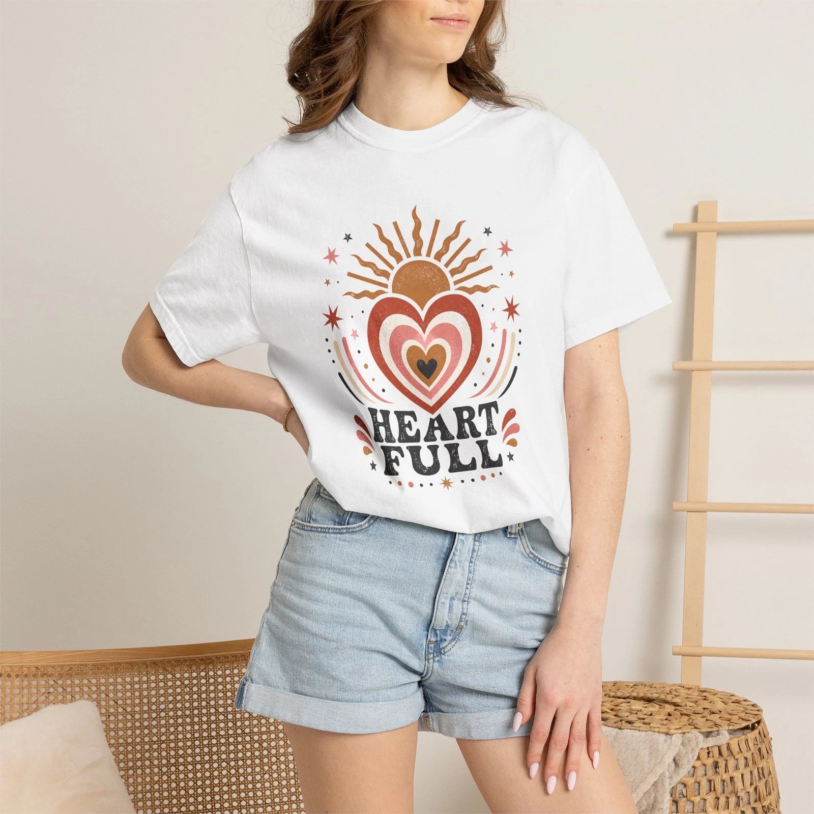 Womens Heart Full Comfort Colors Tee Retro Boho Sunburst Garment Dyed S-4XL