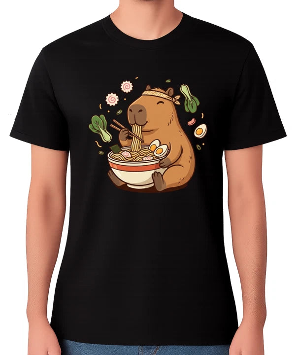 Capybara Eating Ramen Unisex T-Shirt Cute Funny Animal Food Graphic Tee