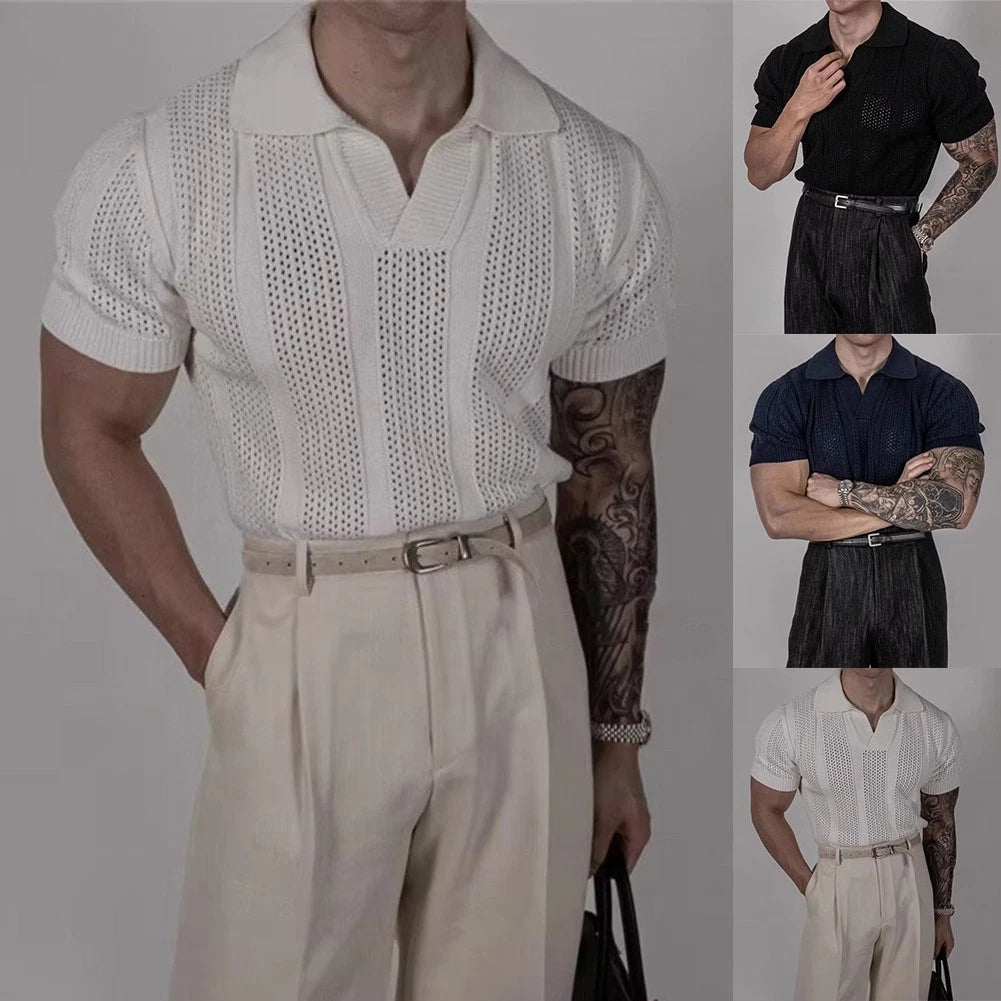 Korean Style Men Knit Shirt Hollow Lapel Design for Daily Wear in Warm Seasons