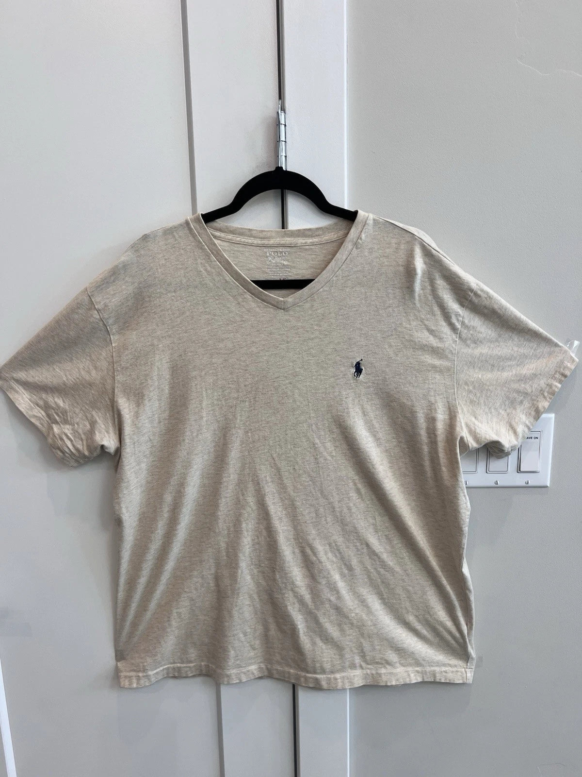 Polo Ralph Lauren V Neck Logo Short Sleeve T-Shirt Beige Pullover Mens XL