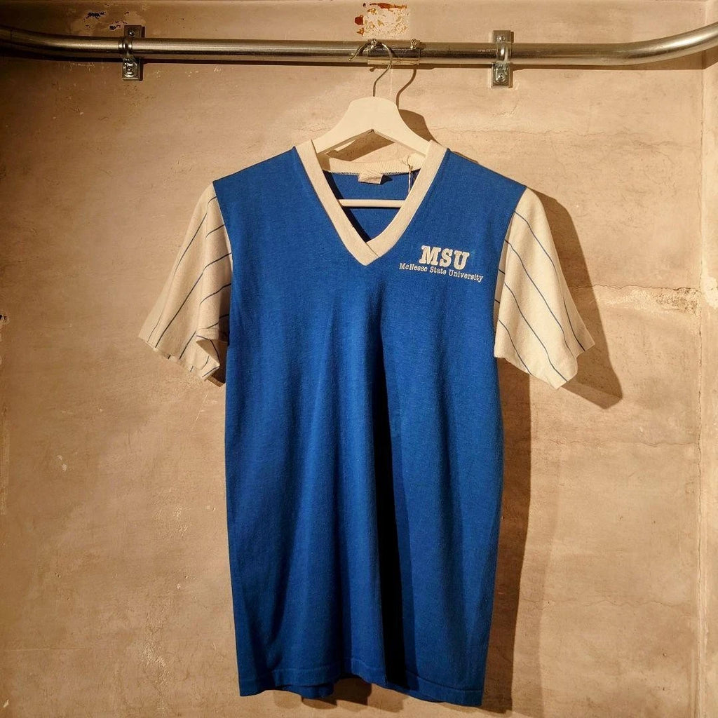VELVASHEEN V-Neck T-Shirt M Blue/White USA Made 90s College MSU