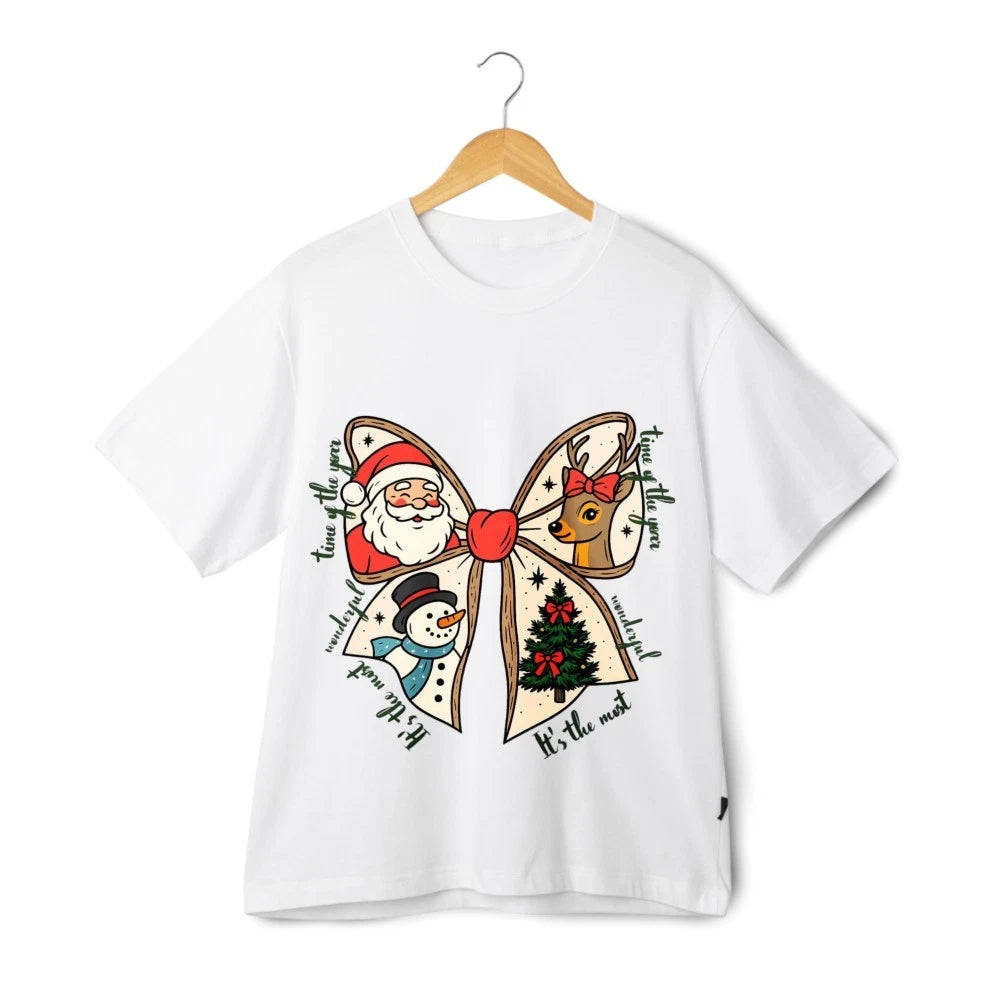 Christmas Bow Santa Reindeer Snowman Shirt Cute Holiday Graphic Tee Festive Top