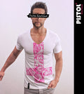 Pistol Boutique Mens Fitted White Deep V neck SKETCH ROSES CROSS Flowers T-shirt