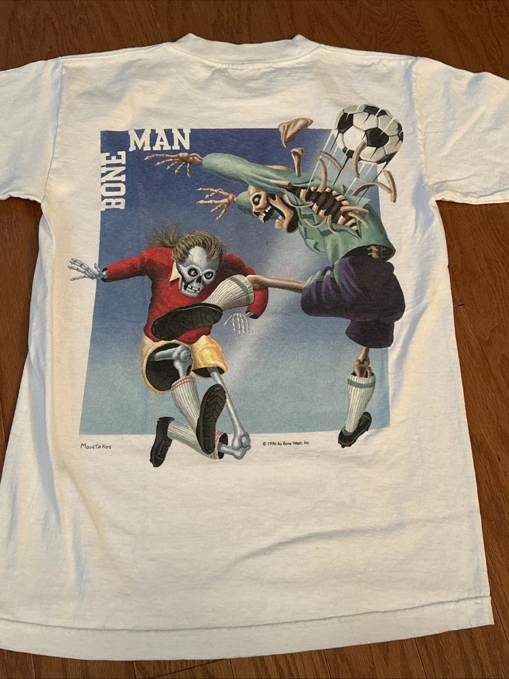 Vtg Bone Man Skeleton Soccer T-Shirt, White, Size Small 1996 90s