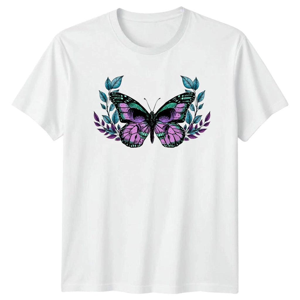 Vintage Skull Butterfly Design Floral T-Shirt Gothic Nature Art Birthday Gift