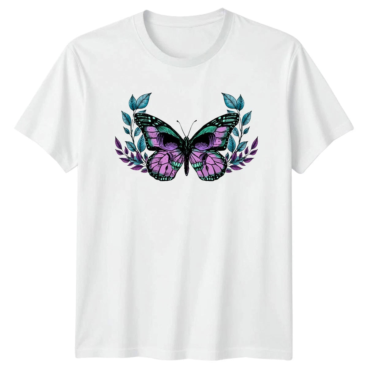 Vintage Skull Butterfly Design Floral T-Shirt Gothic Nature Art Birthday Gift