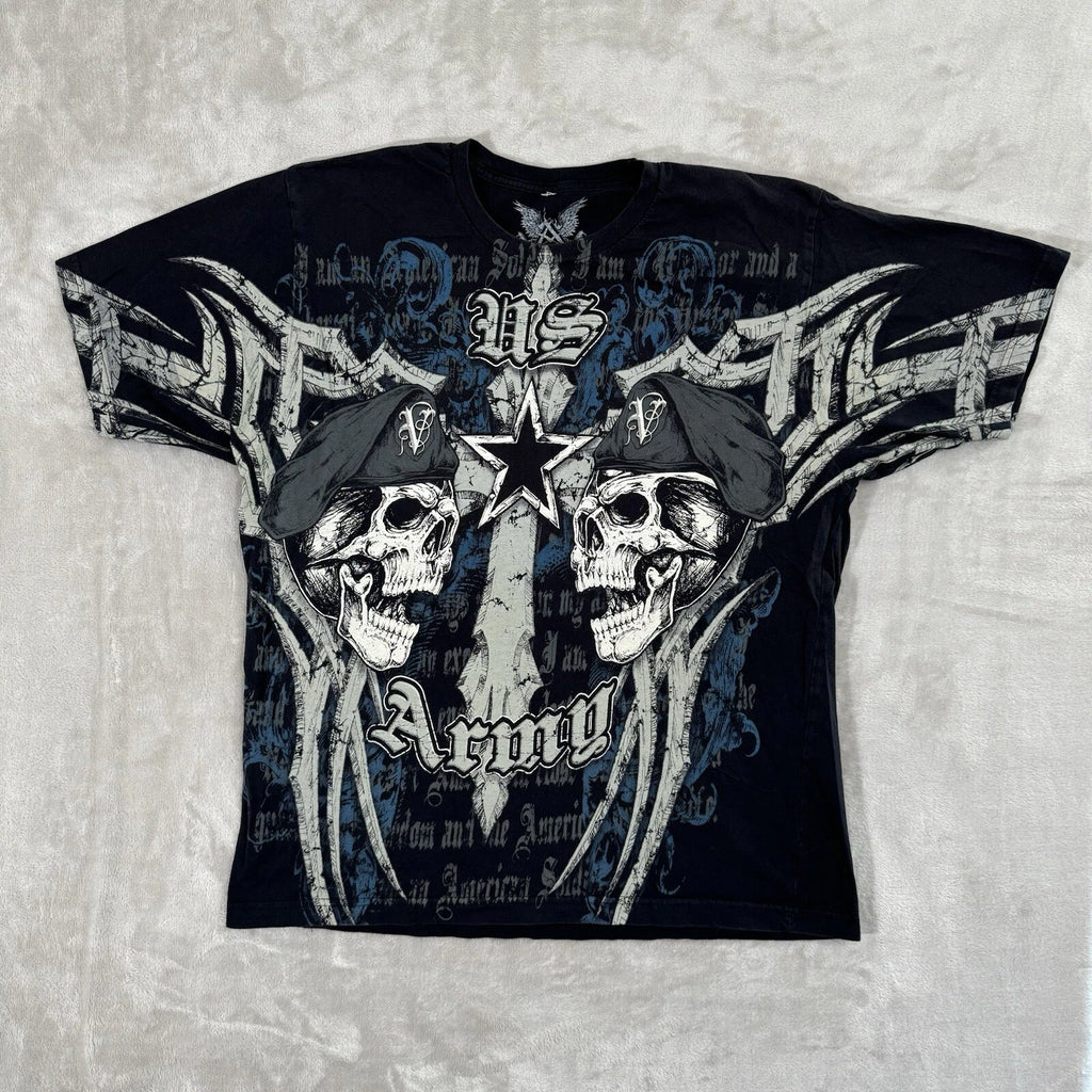 Vintage Y2K APPRIME US Army T-Shirt Mens XL Black Grunge AOP Graphic Affliction