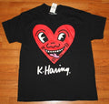 Mens KEITH K. HARING Graphic Tee Black T-Shirt Sz Large SMILEY HEART Pop Art *1M