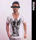 Pistol Boutique Mens Fitted White Deep V neck NAKED GIRL GRAFFITI TATTOO T-shirt
