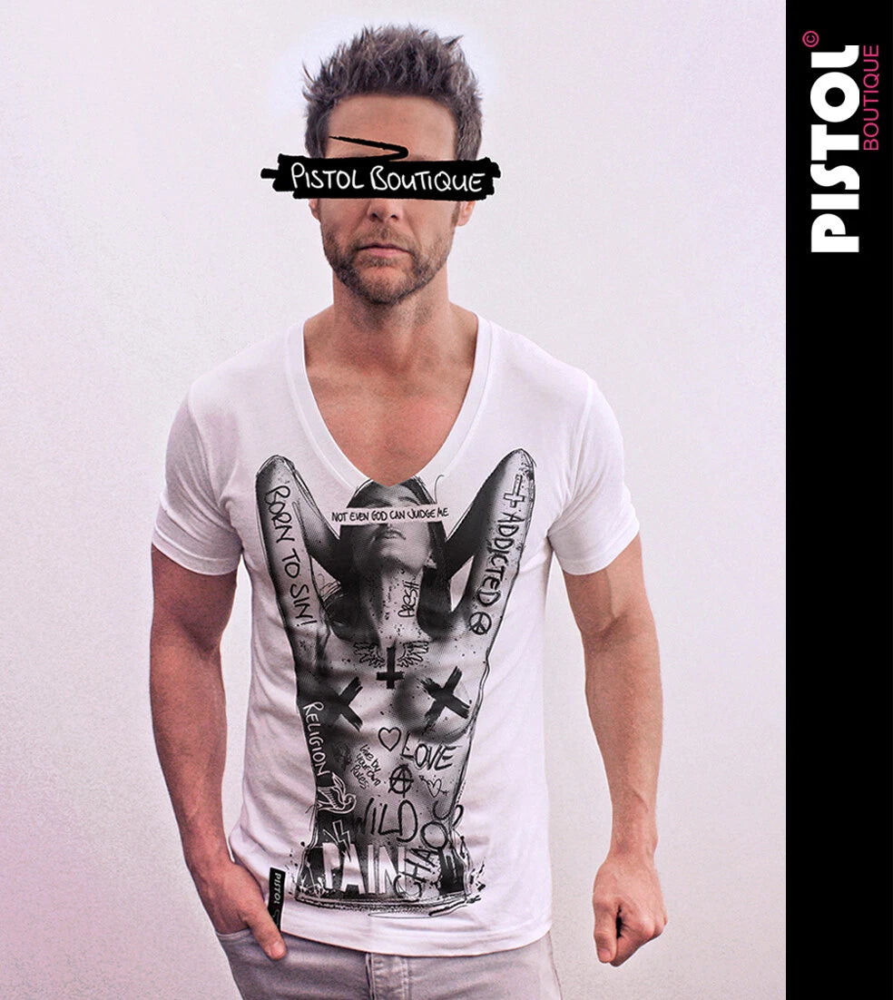 Pistol Boutique Mens Fitted White Deep V neck NAKED GIRL GRAFFITI TATTOO T-shirt