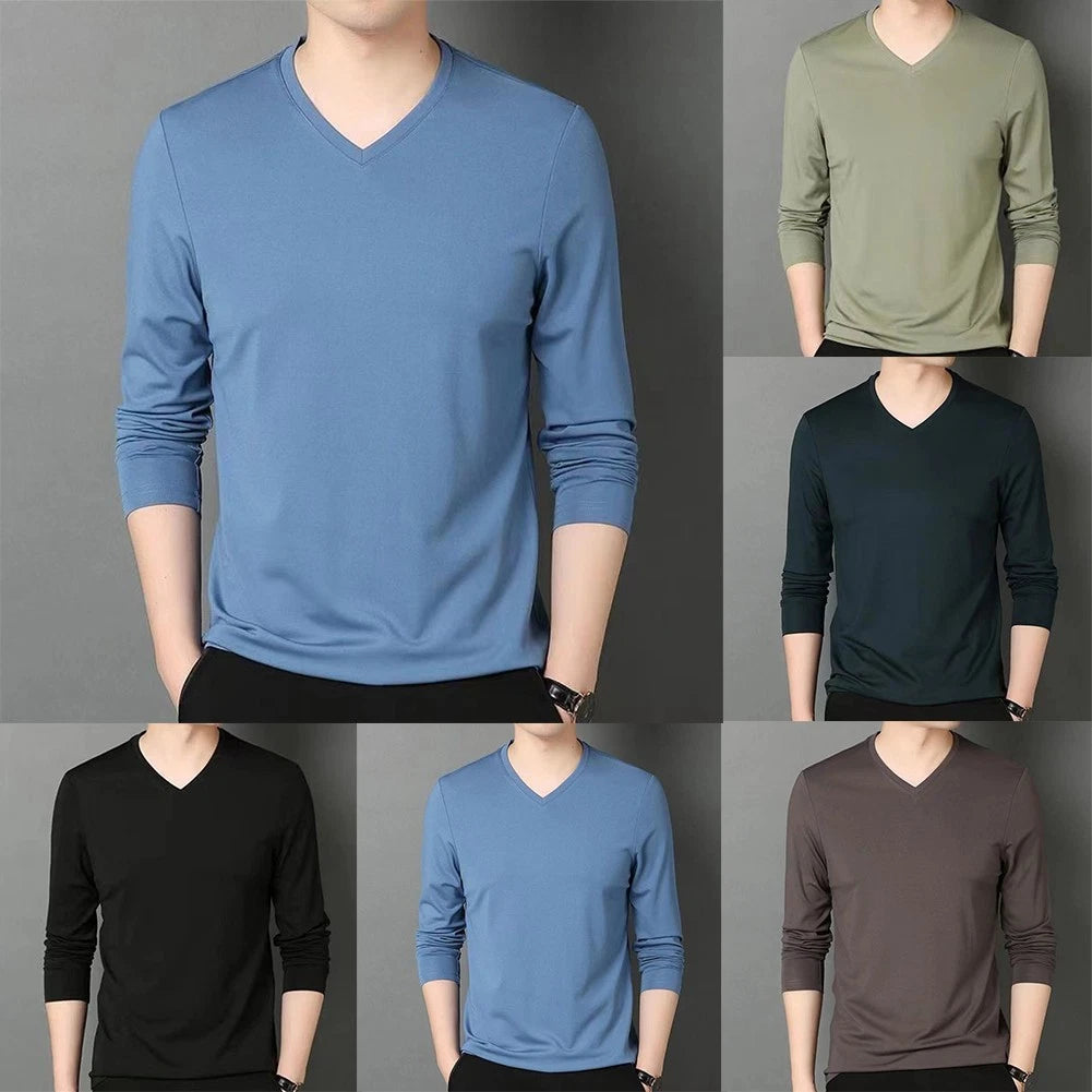 Casual Slim Fit V Neck Long Sleeve Muscle Tee Top Blouse Brown Blue Green
