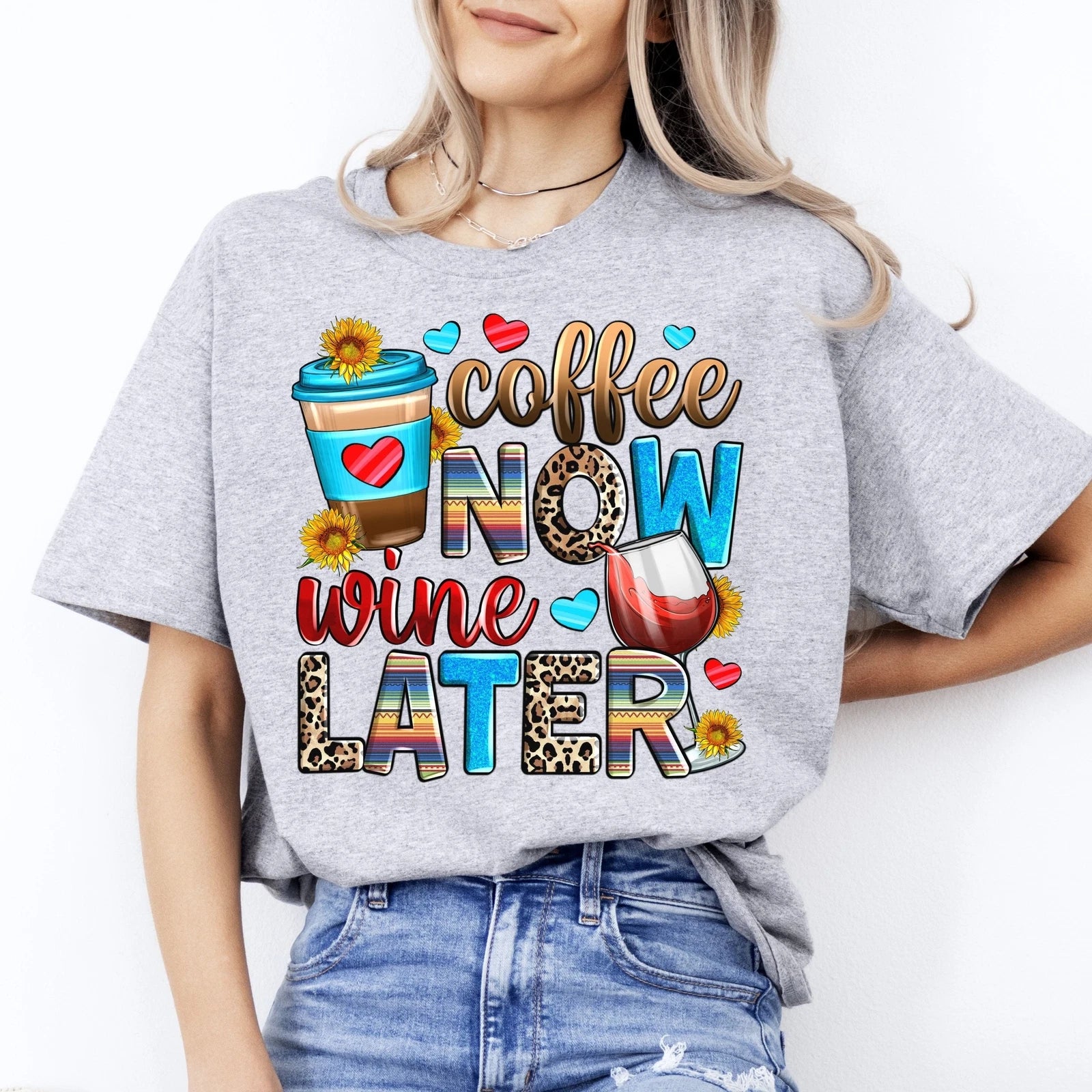 Coffee now wine later T-Shirt Coffee lover Unisex tee White Sand Sport Grey