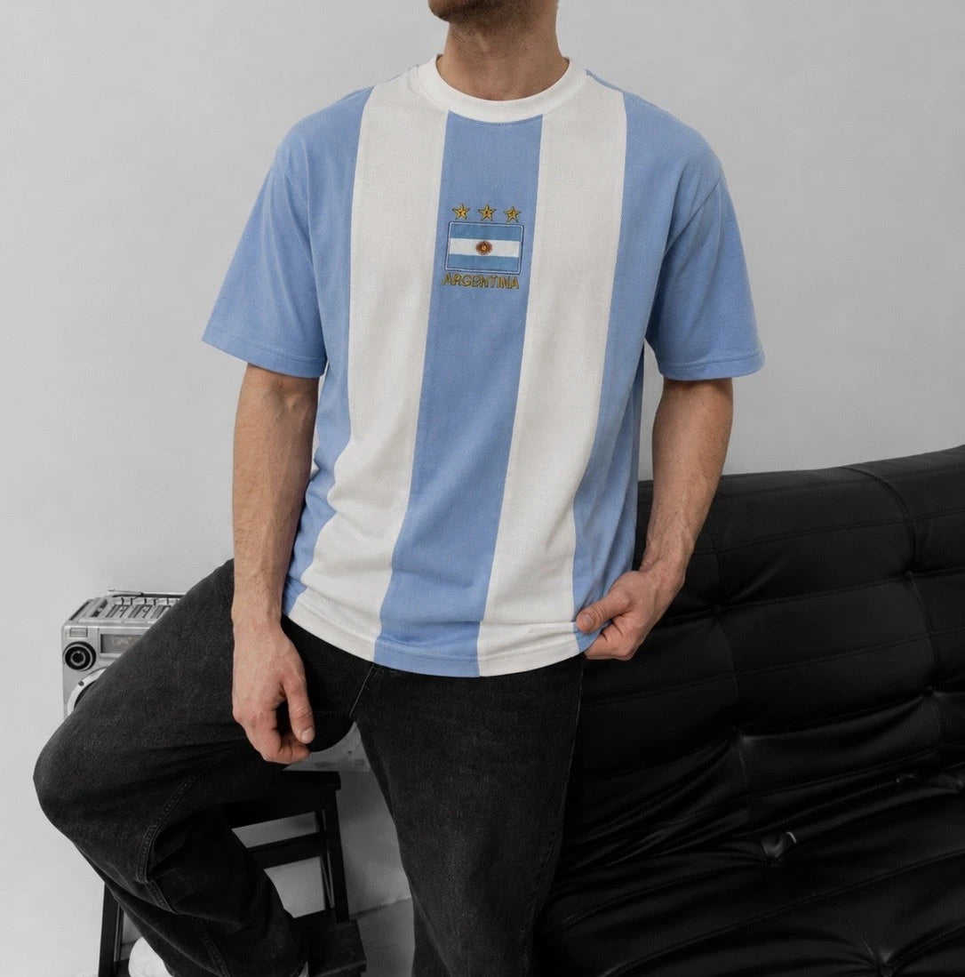Vintage Argentina Flag Embroidered Oversized Football T-Shirt,Retro Soccer Stree