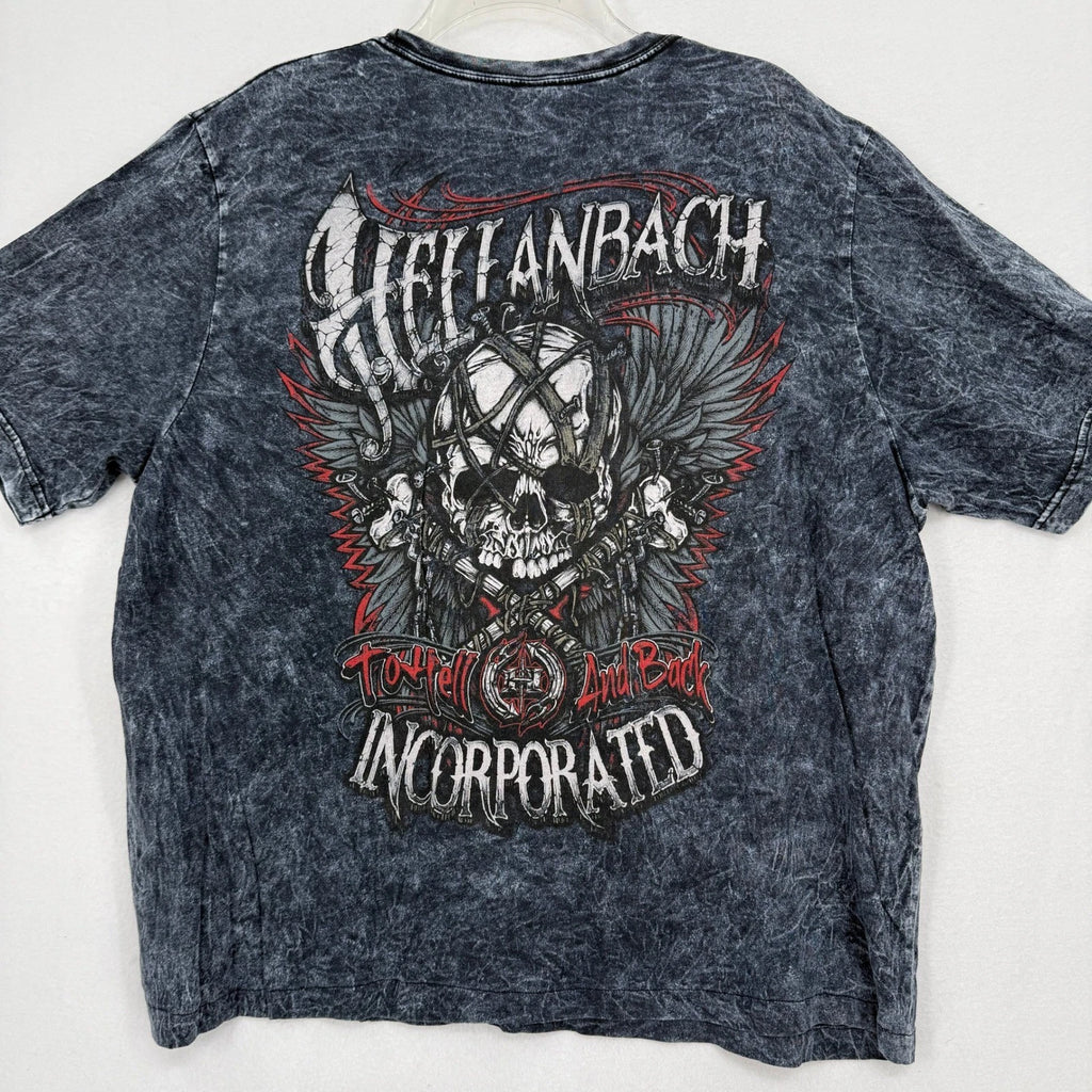 Hellanbach Graphic T-Shirt Mens XL Gray Acid Wash Skull Wings To Hell And Back