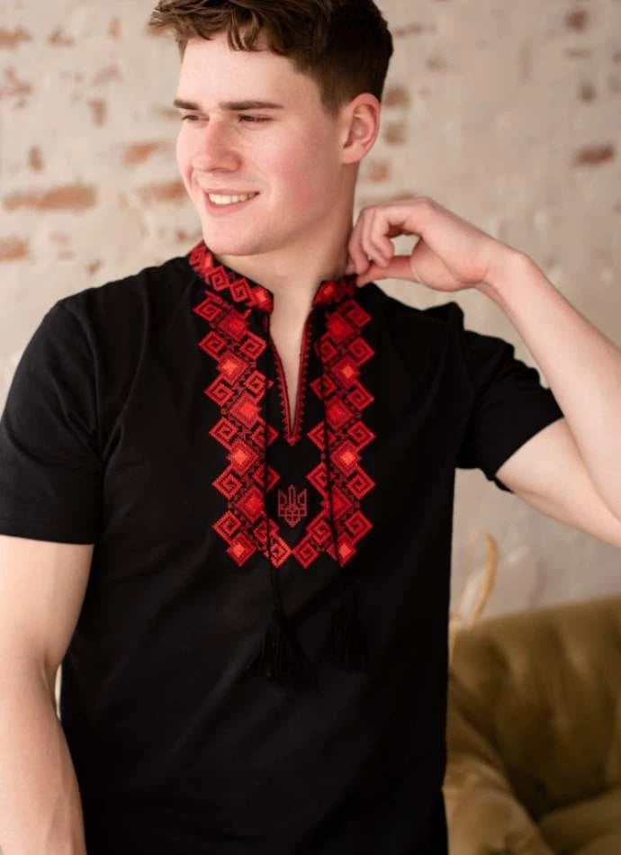 Men Embroidered T-Shirt Black Boho Henley Tee Knit Short Sleeve Bohemian Shirt