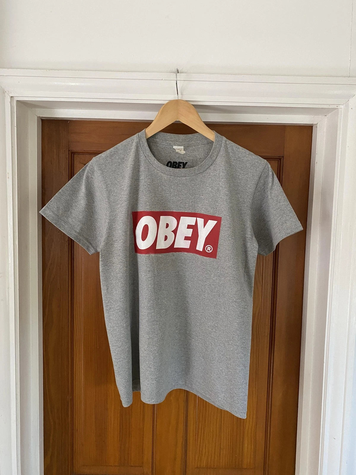 OBEY T-Shirt Men's M Grey Box Logo Graphic Short Sleeve Cotton Streetwear