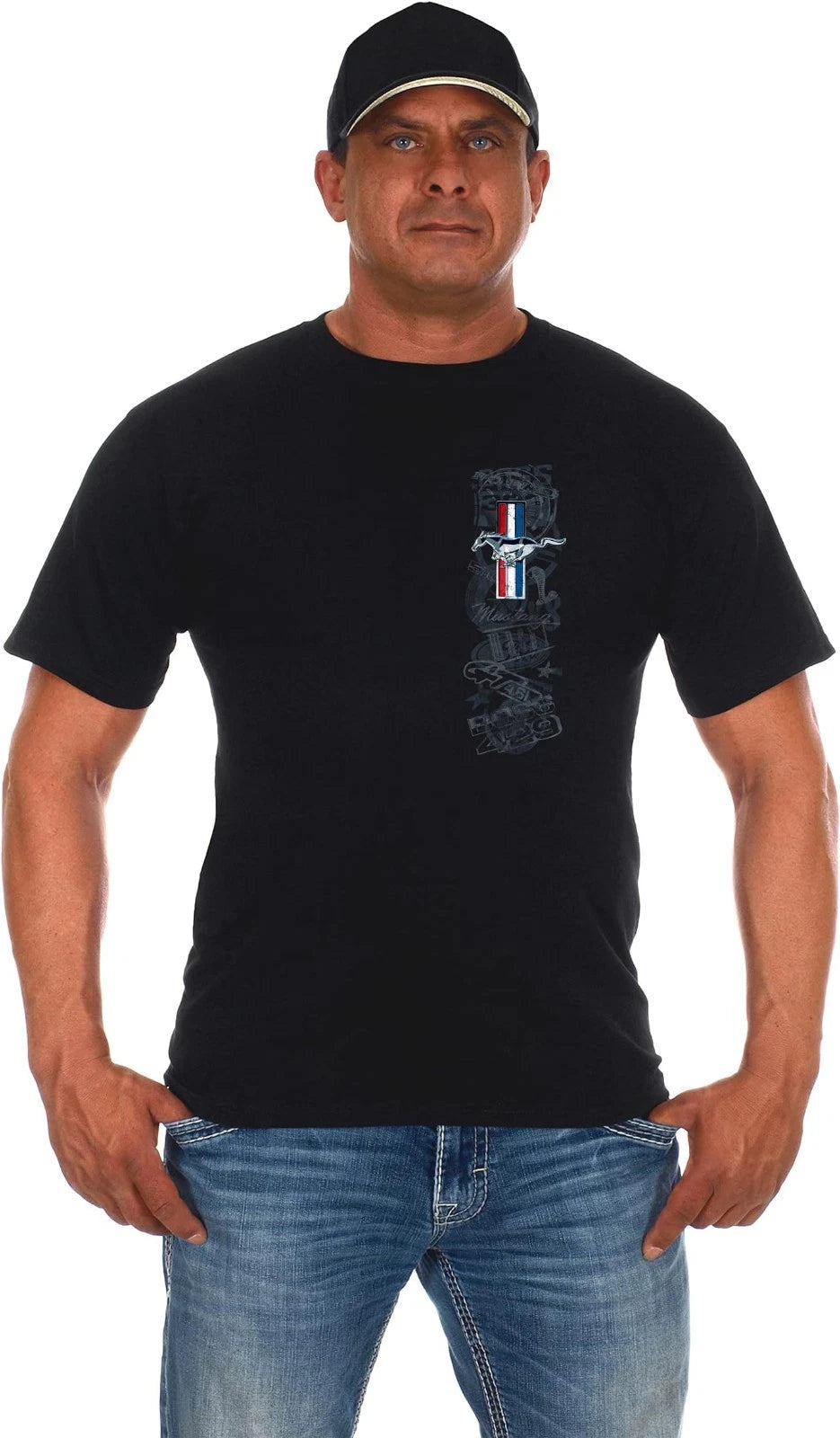 JH Design Men's Ford Mustang T-Shirt Tri-Bar Pony Distressed Collage Black Shirt