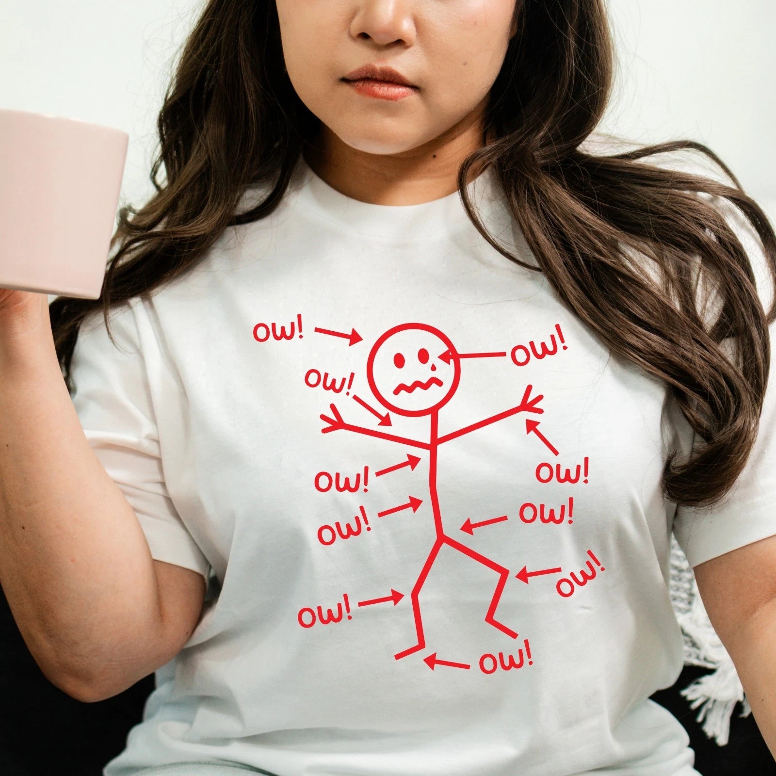 Funny Stick Figure 'Ow' T-Shirt Sarcastic Pain Humor Graphic T Shirt Unisex Tee