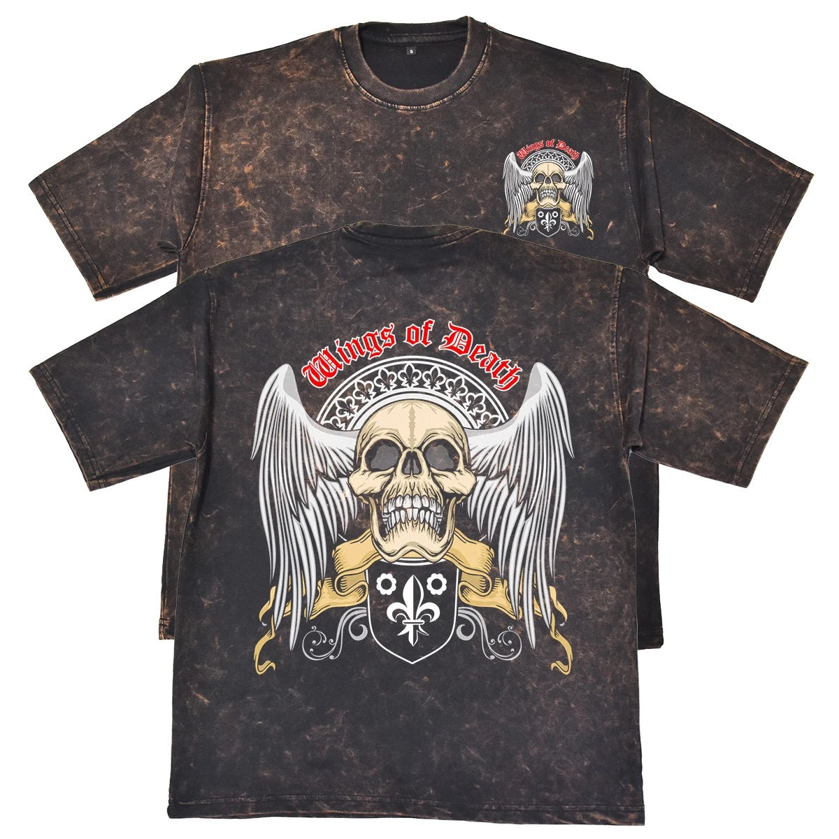 Wings Of Death Unisex Mens Rust 240gsm French Terry Acid Wash T-Shirt Gothic