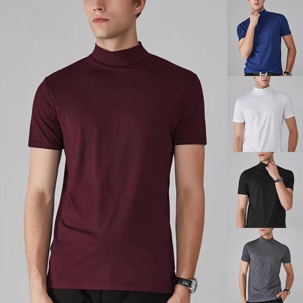 Mens Slim Fit Tee Short Sleeve Half High Neck Solid Color Regular Length