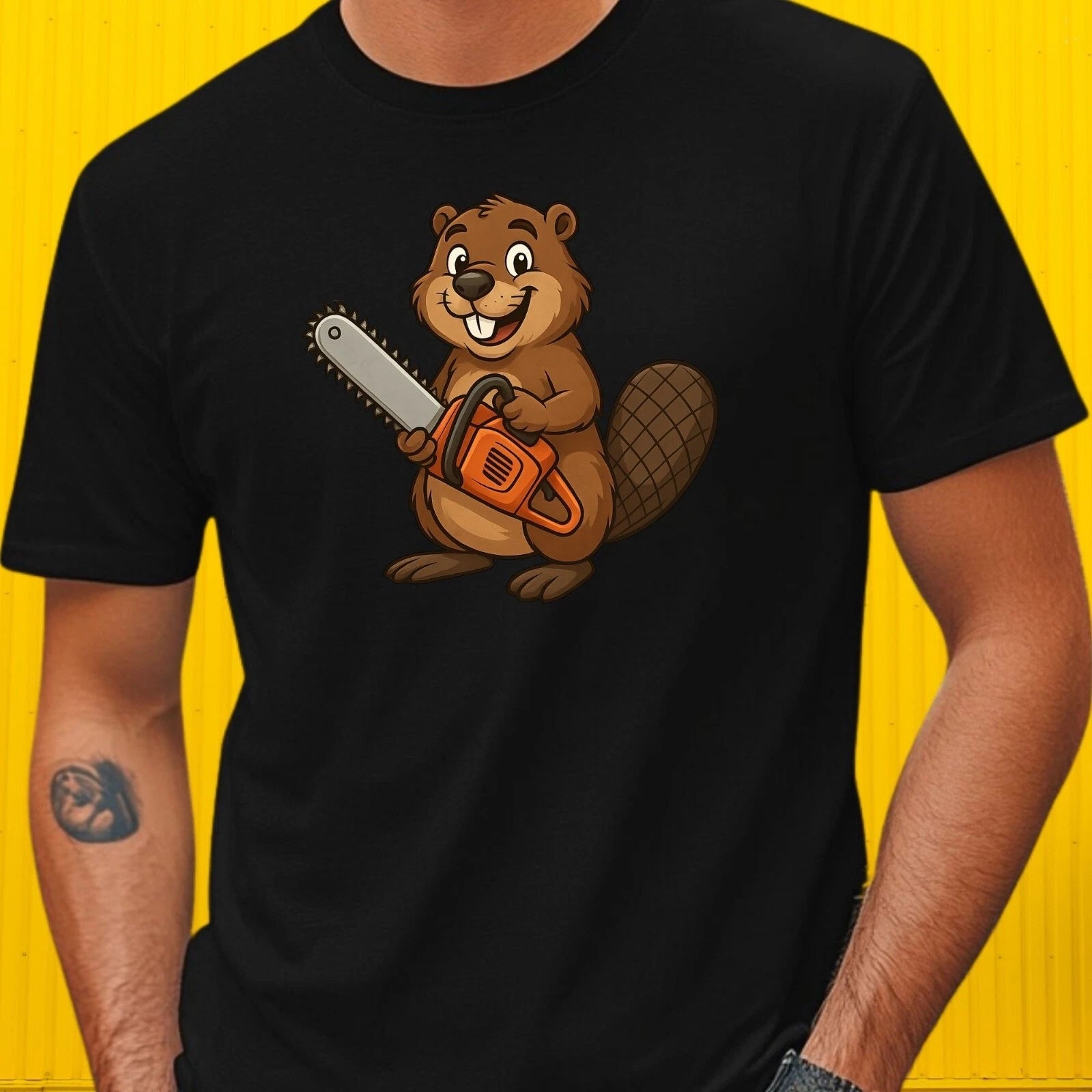 Mens Beaver Chainsaw Print Cotton T-Shirt Size S to 5XL