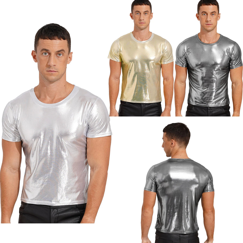 Men's Shiny Slim T-shirt Glossy Short Sleeve Round Neck Shirts Dance Party AU