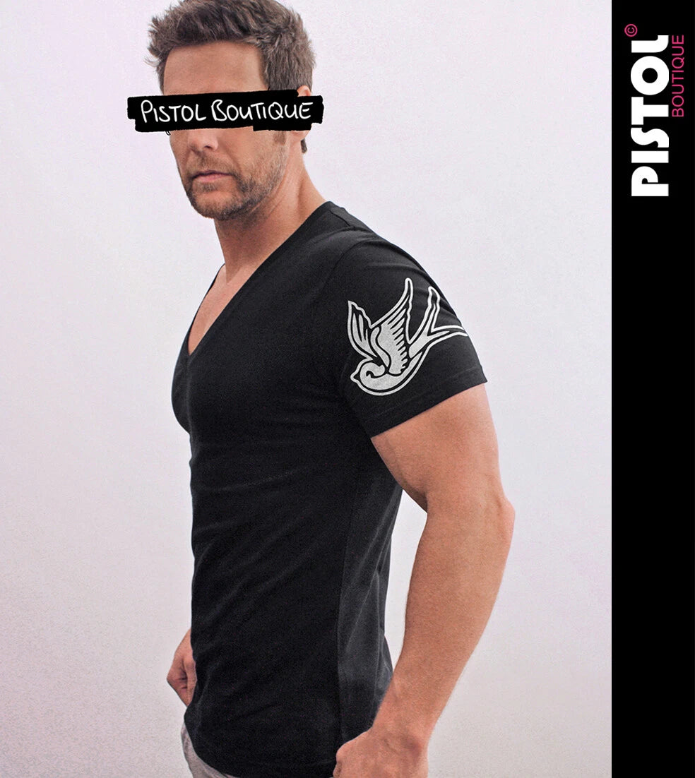 Pistol Boutique Men's Fitted Black Deep V neck Sleeve TATTOO SWALLOWS T-shirt