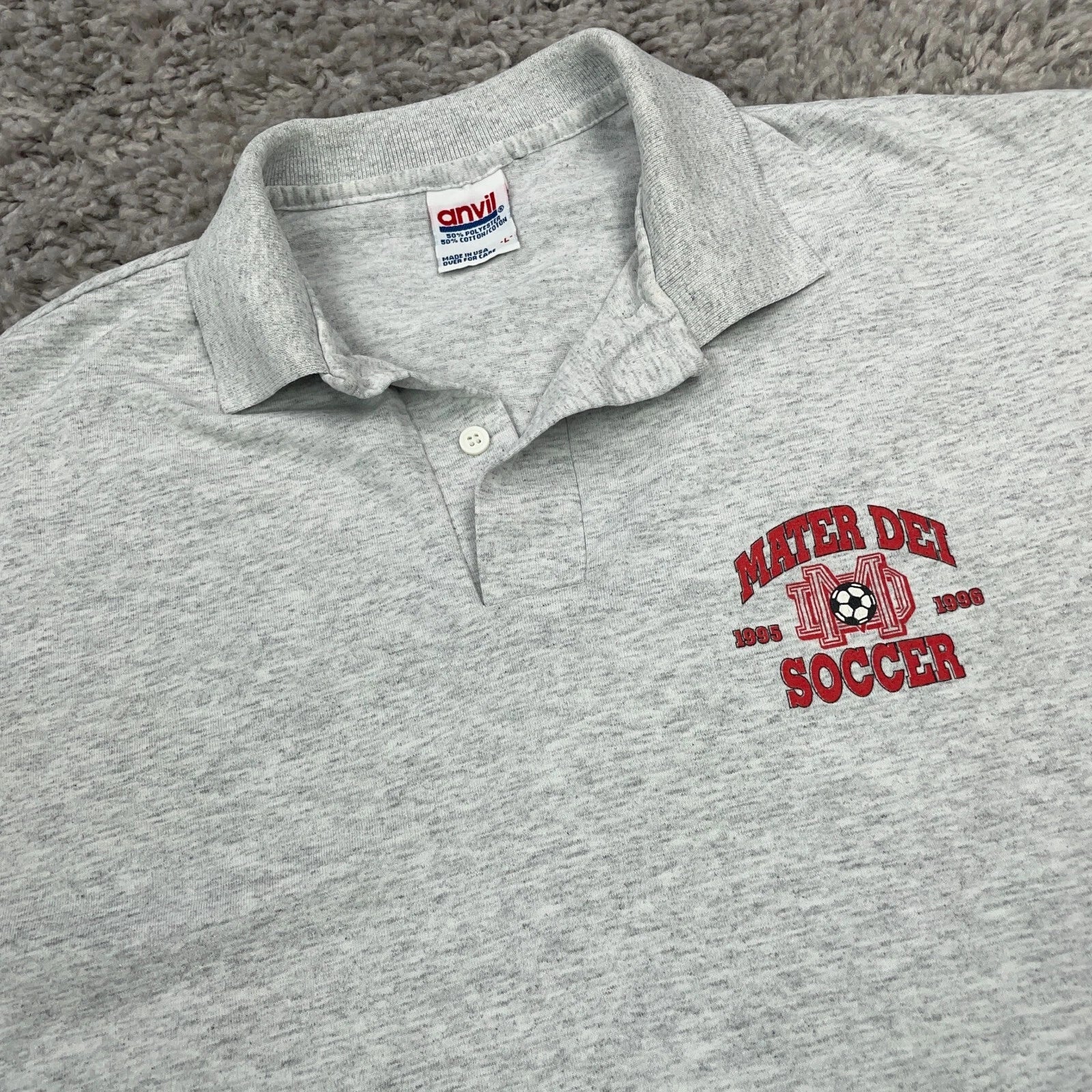 Vintage Anvil Polo Shirt Men's Size Large Gray Mater Dei Soccer Made in USA '90s