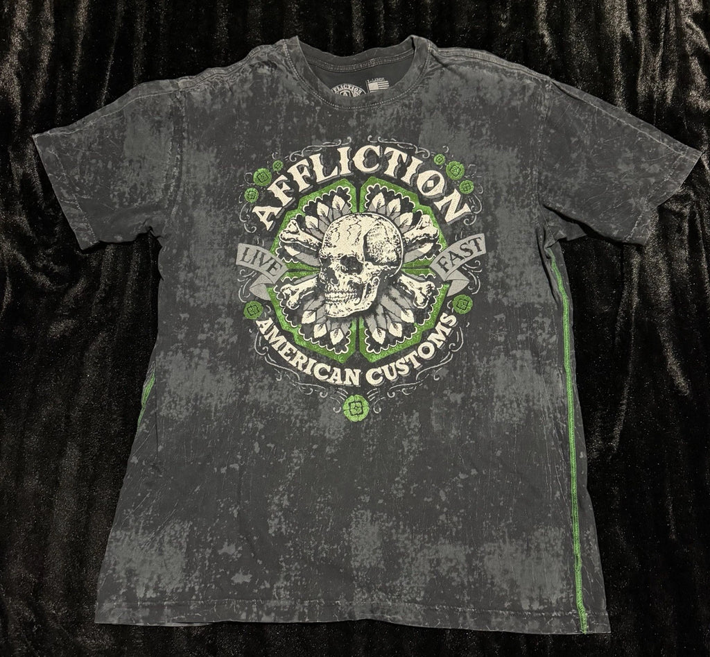Affliction Mens Y2K Grunge Green Skull Black/Grey T Shirt American Customs XL