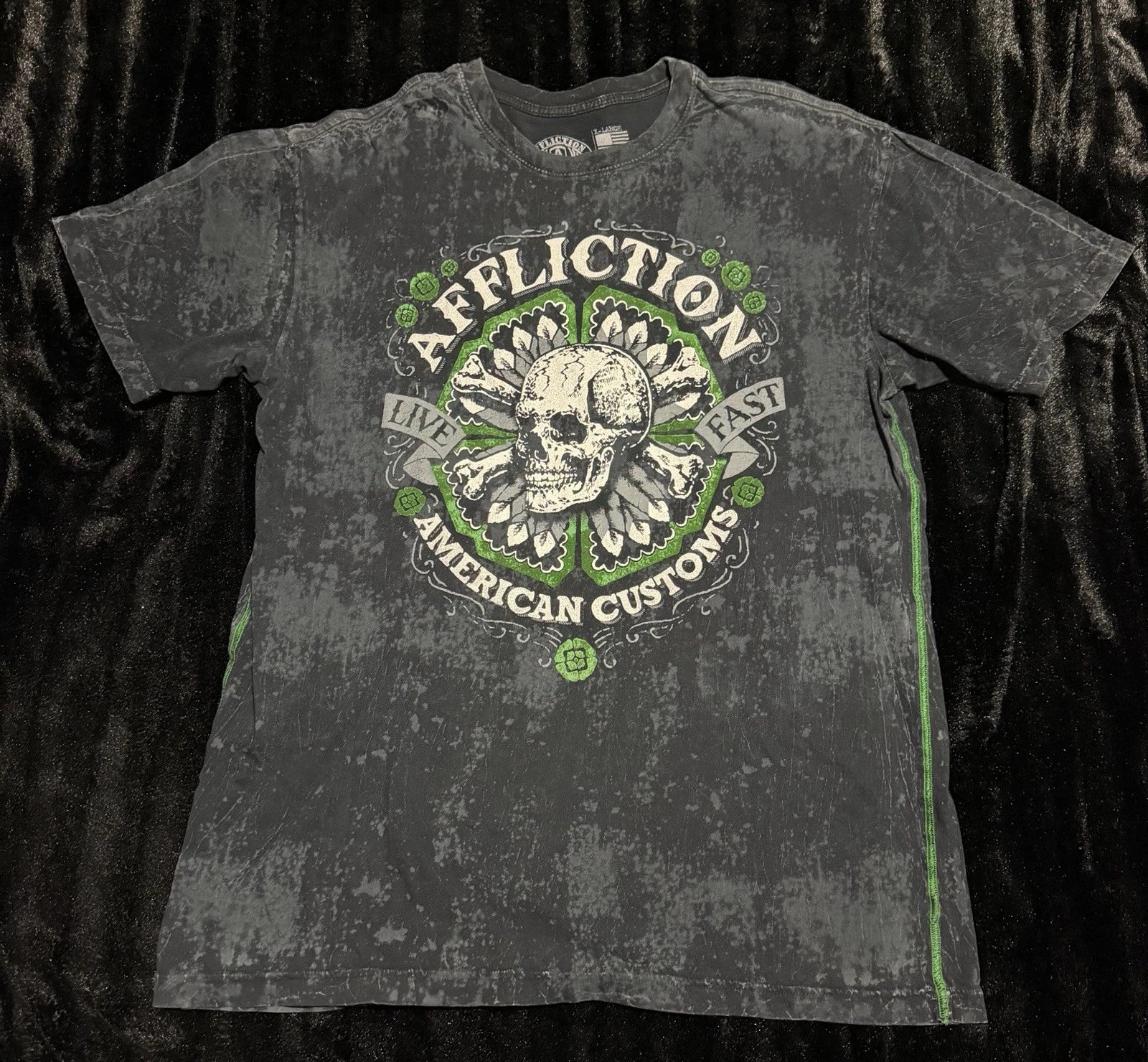 Affliction Mens Y2K Grunge Green Skull Black/Grey T Shirt American Customs XL