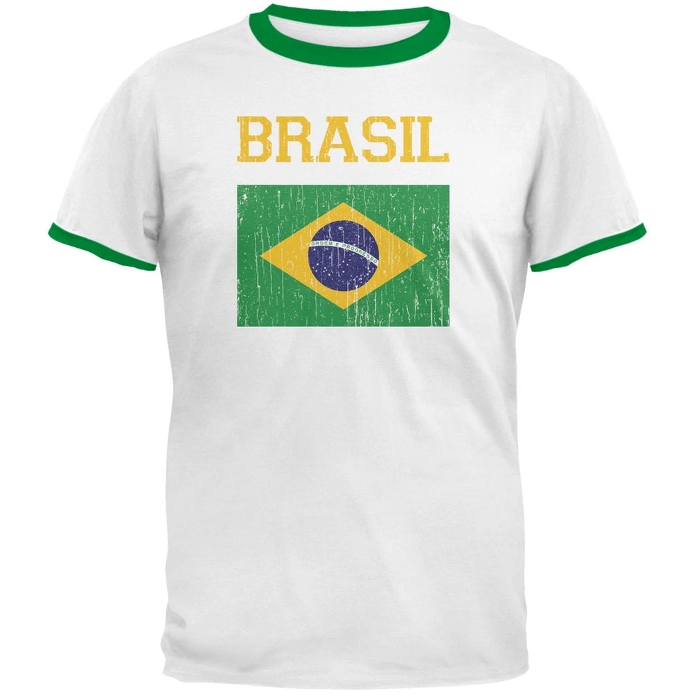 World Cup Distressed Flag Brasil White/Kelly Men's Ringer T-Shirt