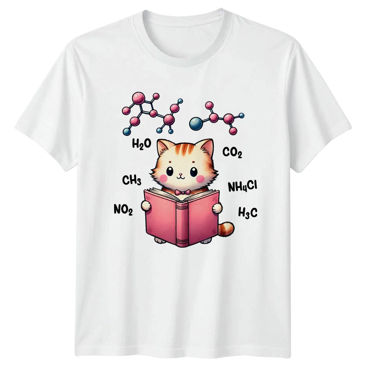 Kawaii Cat Reading Chemistry Formulas Science T-Shirt Nerd Geek Education