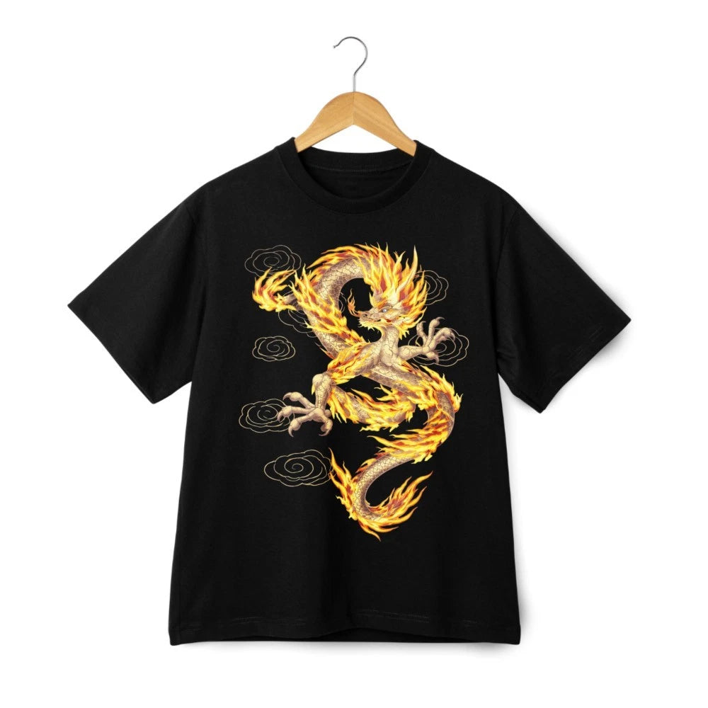 Flaming Dragon Graphic T-Shirt Fire Chinese Dragon Zodiac Fantasy Tee Unisex