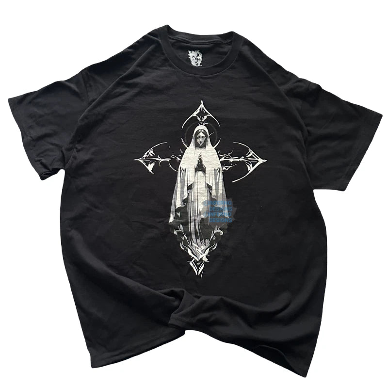 Y2K Grunge Virgin Mary Tshirt, Christian Shirt, Cyber Sigilism, Gothic Cross Tee
