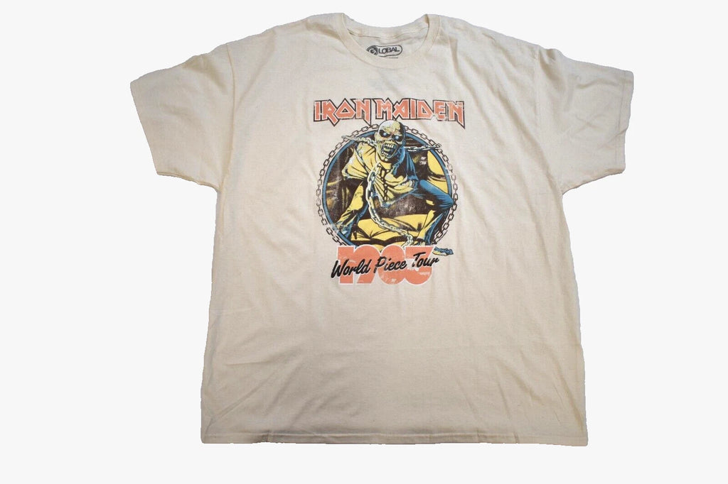 Global Mens Iron Maiden World Piece Tour Retro Graphic Cream Shirt NWT 2XL