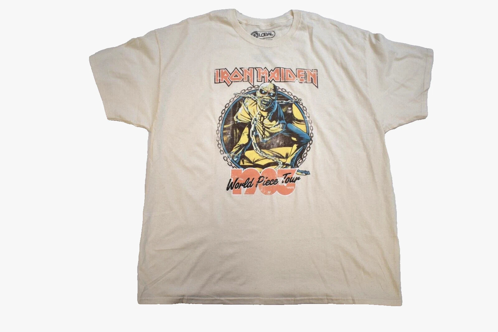 Global Mens Iron Maiden World Piece Tour Retro Graphic Cream Shirt NWT 2XL