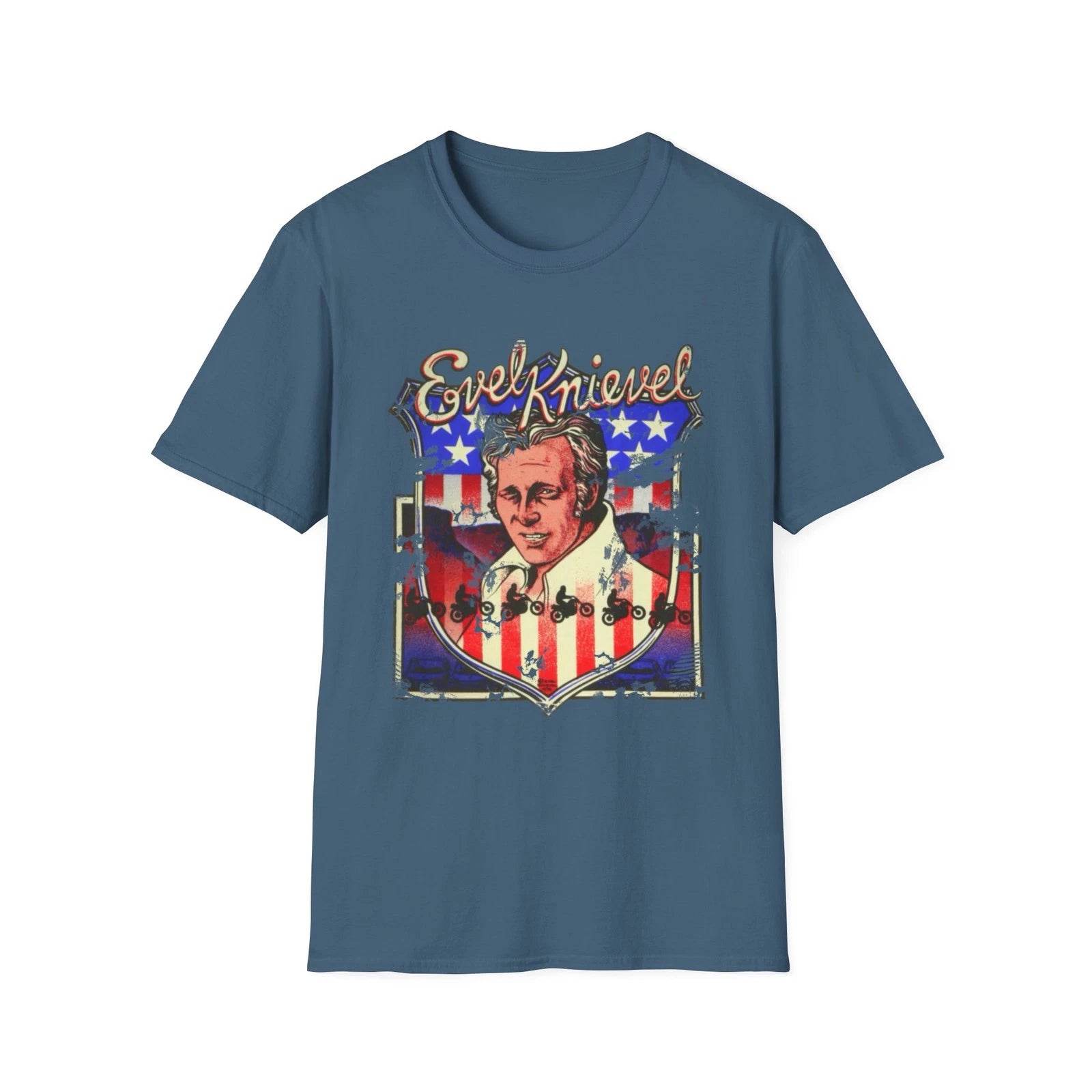 Evil Knievel Portrait T-Shirt | Vintage Stunt Rider American Flag