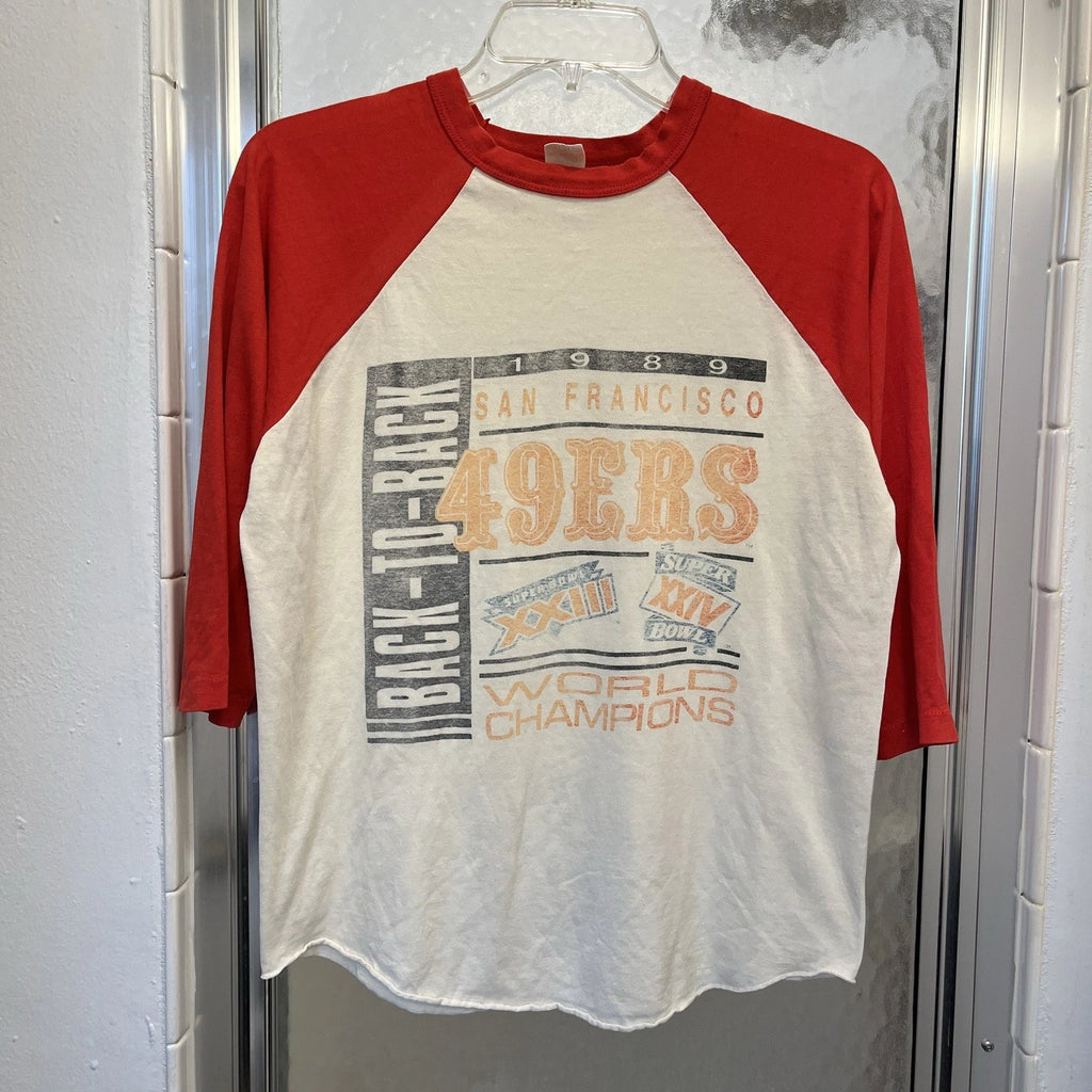 VTG 80s 49ers T-Shirt Back To Back Champions Raglan Sleeve Faded USA Made Sz S