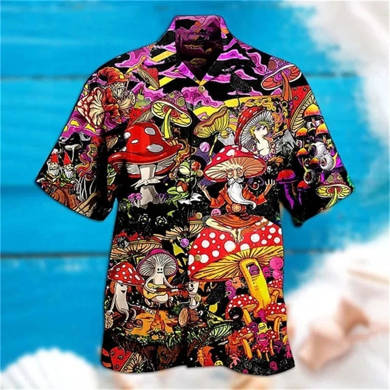 Mens Button Down Trippy Wizard Mushroom Hawaiian Top Hippie Novelty Shirt